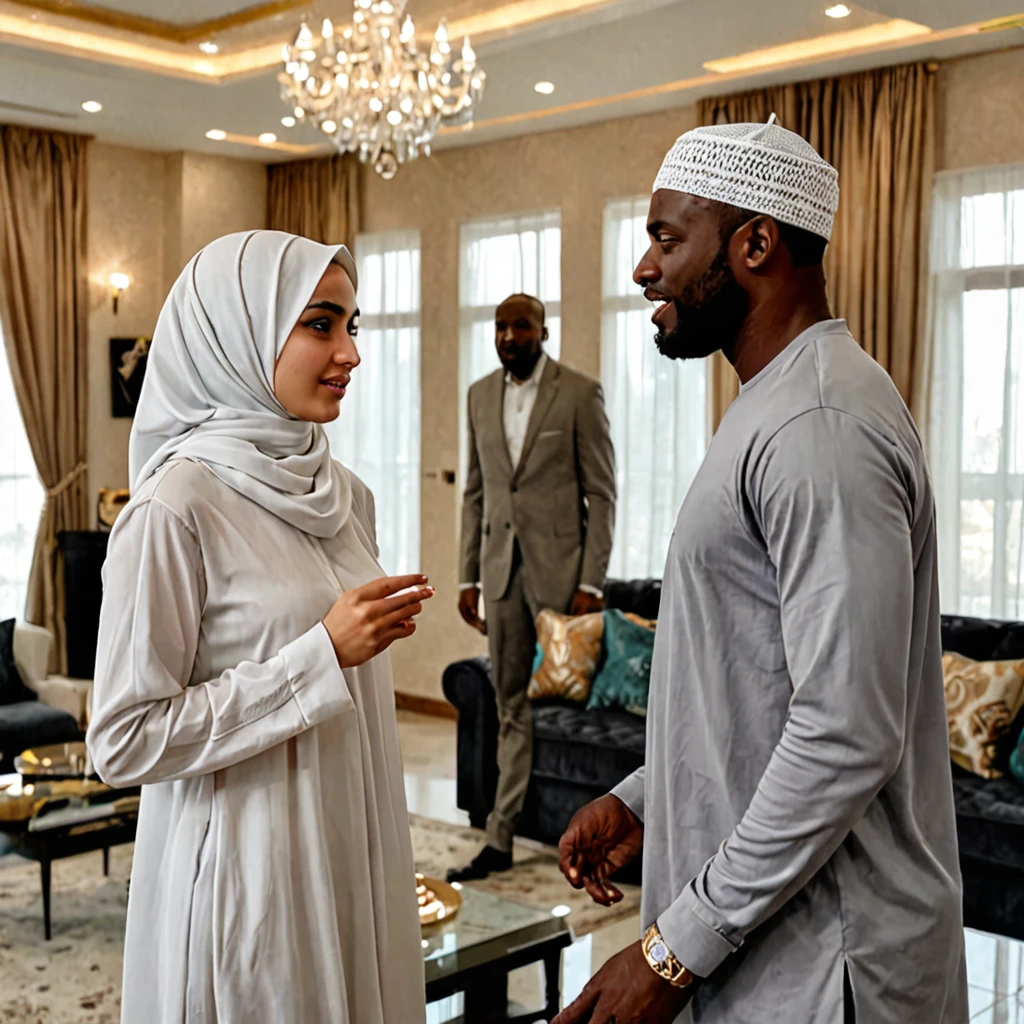 Kurdish girl Fatıma Kareem in hijab talking with a black man in luxury house view from side