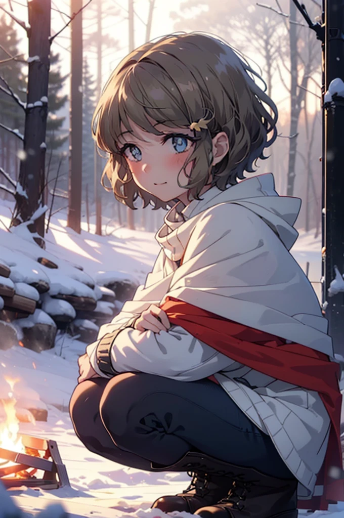 tomoekoga, Chie Koga, short hair, Brown Hair, blue eyes, hair band,smile,blush,White Breath,Medium Chest,
Open your mouth,snow,Ground bonfire, Outdoor, boots, snowing, From the side, wood, suitcase, Cape, Blurred, having meal, forest, White handbag, nature, Squat, Mouth closed, Cape, winter, Written boundary depth, Black shoes, red Cape break looking at viewer, Upper Body, whole body, break Outdoor, forest, nature, break (masterpiece:1.2), Highest quality, High resolution, unity 8k wallpaper, (shape:0.8), (Beautiful and beautiful eyes:1.6), Highly detailed face, Perfect lighting, Highly detailed CG, (Perfect hands, Perfect Anatomy),