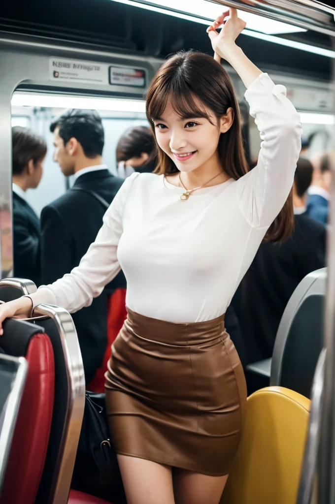 A packed train, office ladies commuting to work, suits, people standing so close together that their bodies are touching, ((full body)), ((photo)), ((best qualtiy, 8K, tmasterpiece:1.3)), Focus:1.2, perfect figure beautiful girl:1.4, 1girl, cowboy shot, look at viewer, incredibly absurd, beautiful and cute girl with a photorealistic face, showcasing top-quality craftsmanship, A Japanese woman looking cramped on a crowded train, 20 years old, long dark brown hair that falls to her shoulders, long shiny hair, with bangs, side parted hairstyle, brown eyes, round face, small nose, cherry red lips, bright smile, white teeth, smooth skin, healthy complexion, small ears, natural eyebrows, long eyelashes, slim, well-balanced proportions, moderate muscle, slim waist, round hips, supple limbs, short nails, beautiful C cup breasts, white blouse, black tight skirt, heeled pumps, silver necklace and bracelet, black belt, pretty older woman, beautiful, neat, soothing, cute voice, polite, kind-hearted, responsible, positive, optimistic, sociable, good communication skills, April