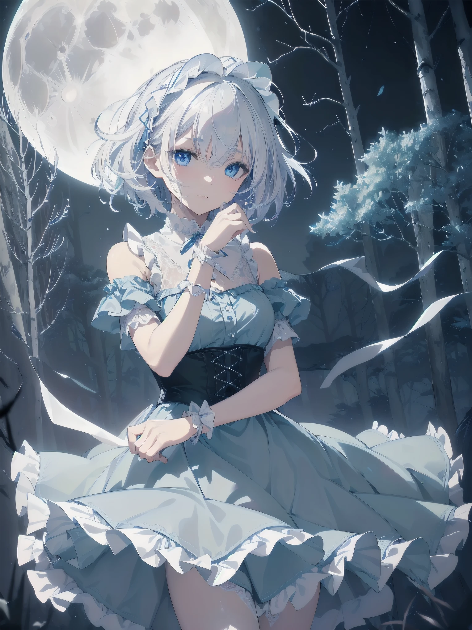 masterpiece、Highest quality、Beautiful expression、Absurd、Extraordinary World、Beauty、solo、Idol、(Cowboy Shot、Light blue ruffle lace long dress、white collar、White Ruffled Cuff、particle:1.5)、(bloom、Shine:1.4)、(Laughter)、(Short white hair、blue eyes:1.7)、Sharp focus、Photorealistic、High resolution、Most detailed、Very detailed、Detailed face and eyes、Sharp pupils、Realistic student、Sharp focus、 Shiny skin、Black Corset、Black pantyhose、(Dark Forest、moon、Dark Background:1.5)、Rim Light、dynamic, Cinema Lighting