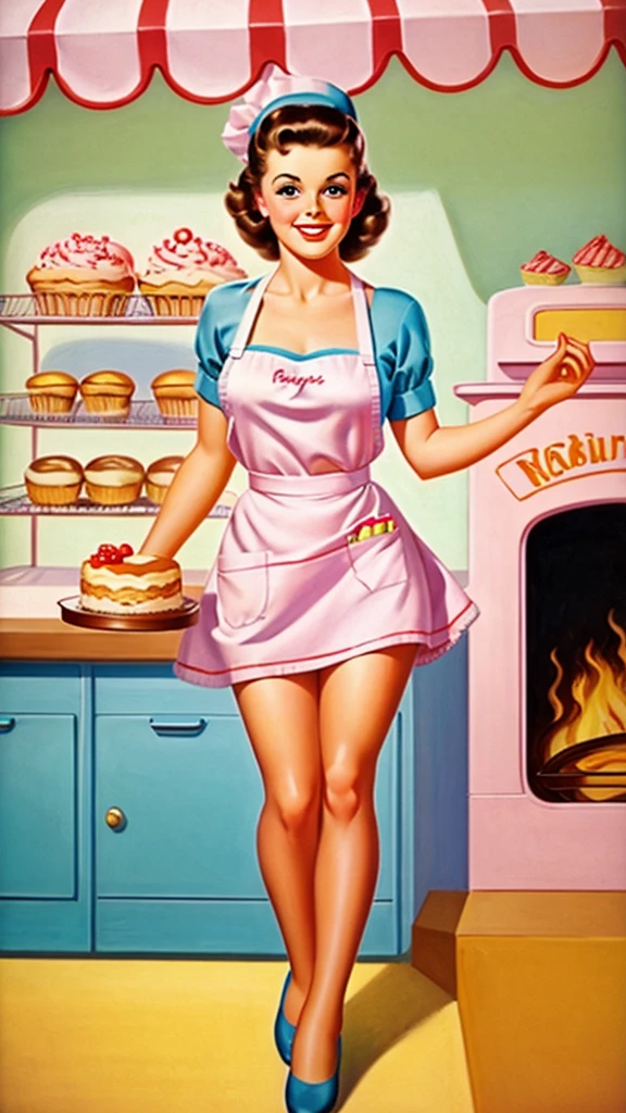 brunette pinup girl takes a cake out of the oven in an apron in pinup style beautiful smile beautiful bakery bright light colors pastel mini skirt posing in pinup style