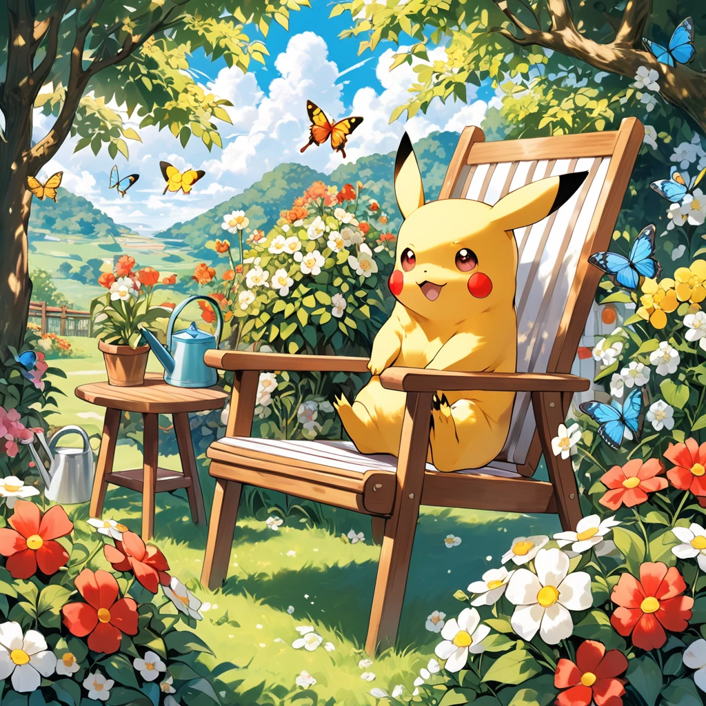 Draw a delightful illustration of Pikachu relaxing in a garden chair. Pikachu should be surrounded by blooming flowers and greenery, sitting comfortably with a smile. Include details like a watering can, garden tools, and butterflies flying around. The overall vibe should be fresh and lively.