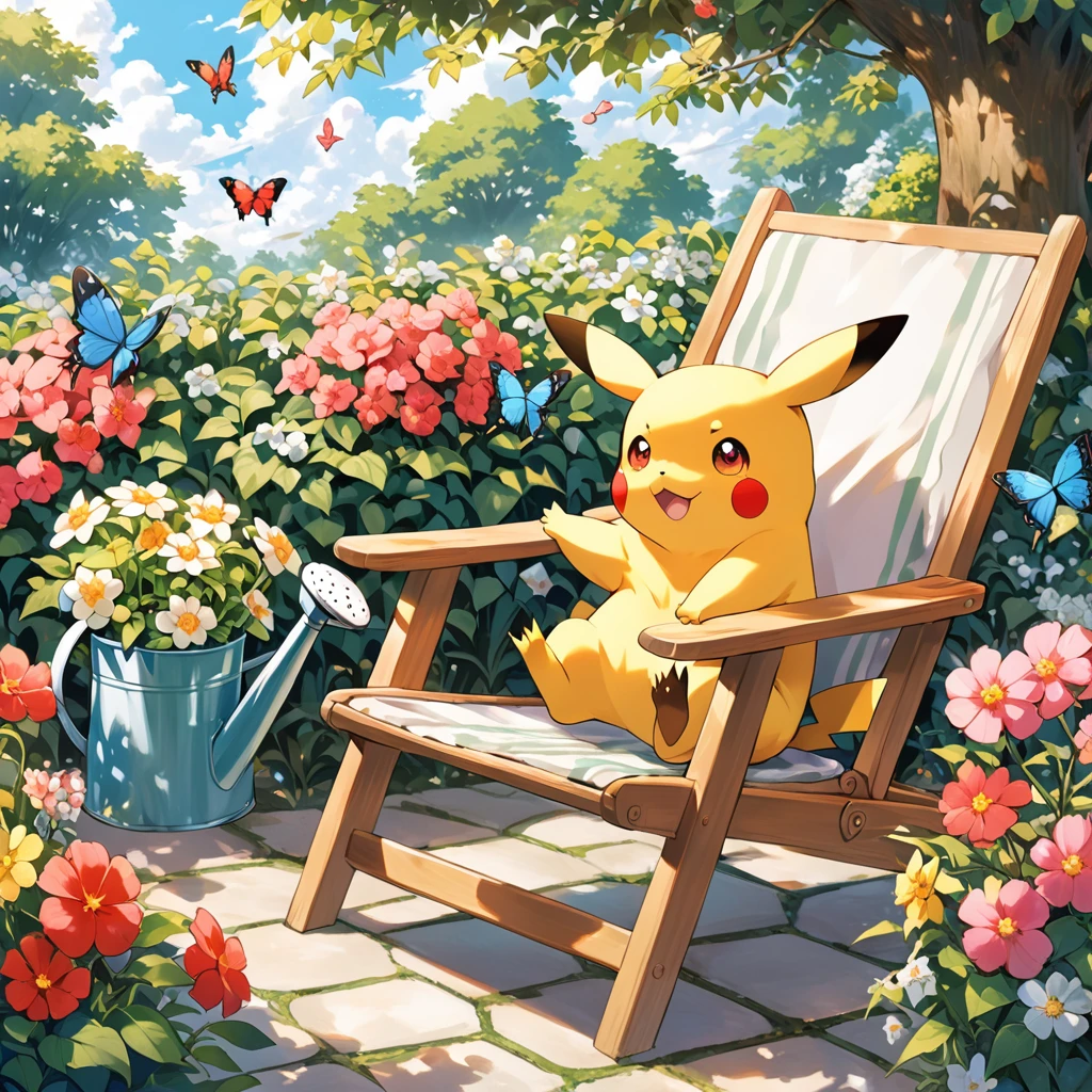 Draw a delightful illustration of Pikachu relaxing in a garden chair. Pikachu should be surrounded by blooming flowers and greenery, sitting comfortably with a smile. Include details like a watering can, garden tools, and butterflies flying around. The overall vibe should be fresh and lively.