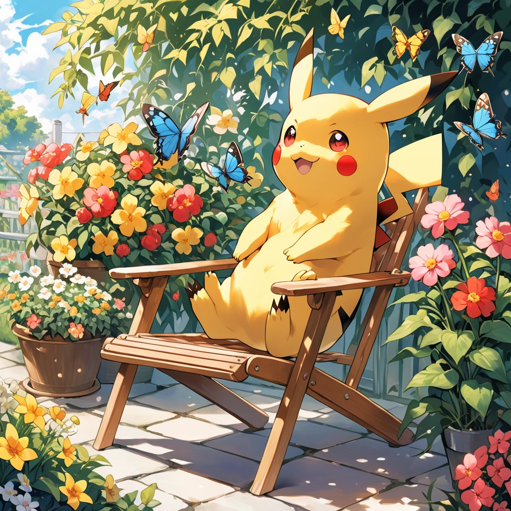 Draw a delightful illustration of Pikachu relaxing in a garden chair. Pikachu should be surrounded by blooming flowers and greenery, sitting comfortably with a smile. Include details like a watering can, garden tools, and butterflies flying around. The overall vibe should be fresh and lively.