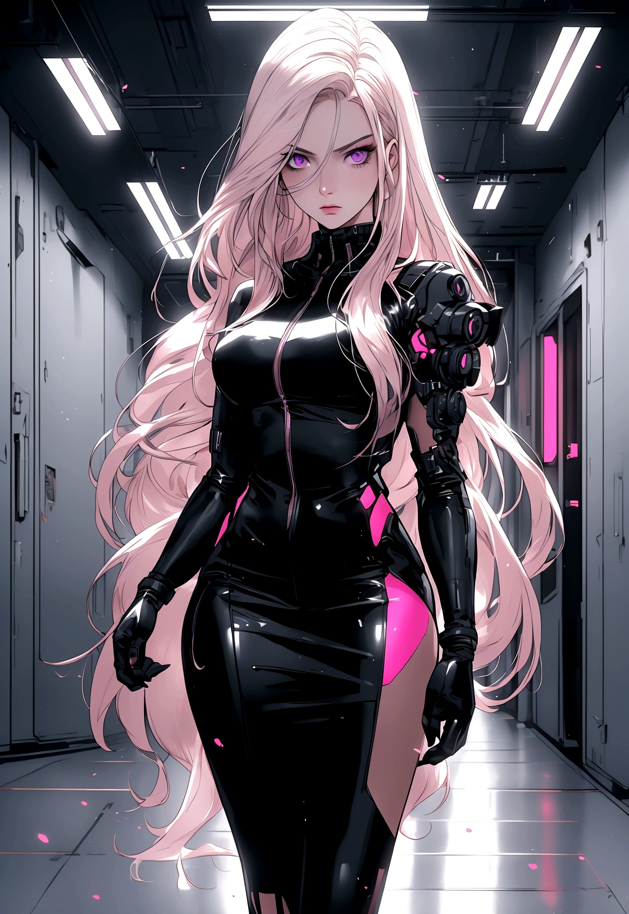 (masterpiece, 32k, 8k, white laboratory corridor setting, character walking towards the viewer) woman, 26 years old, naturally beautiful face, serious and empty expression, long blonde hair with pink highlights, tight black clothes in cyberpunk style, colored eyes different, one blue eye and the other gray eye