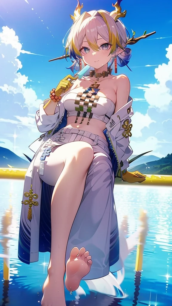 1girl, bare shoulders, barefoot, bikini, black hair, blue eyes, blue sky, bracelet, breasts, cleavage, cloud, cloudy sky, condensation trail, day, feet, food, foot focus, foreshortening, hair ornament, hairclip, jacket, jewelry, looking at viewer, medium breasts, mouth hold, necklace, ocean, outdoors, popsicle, short hair, sky, soles, solo, sparkle, swimsuit, toes, water, white bikini