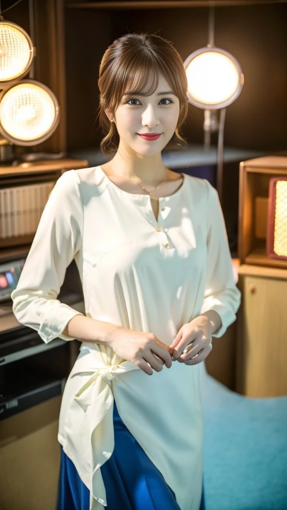 (Highest quality、high resolution、High resolution、masterpiece、8K:1.1)、One Woman、27-year-old Japanese woman、news caster、announcer、Look at you with a gentle smile、Detailed face、Detailed eyes、Light makeup、Lifelike skin texture、((Clear photos、RAW Photos、High-definition photos:1.3))、(Nikon Z9 NIKKOR Z 50mm f/1.2 S 50mm F/11 1/40secs:1.25)、In the news studio、Television Station、News Studio、indoor、Bright lighting、Off-white blouse、Grey long skirt、Mid-chest