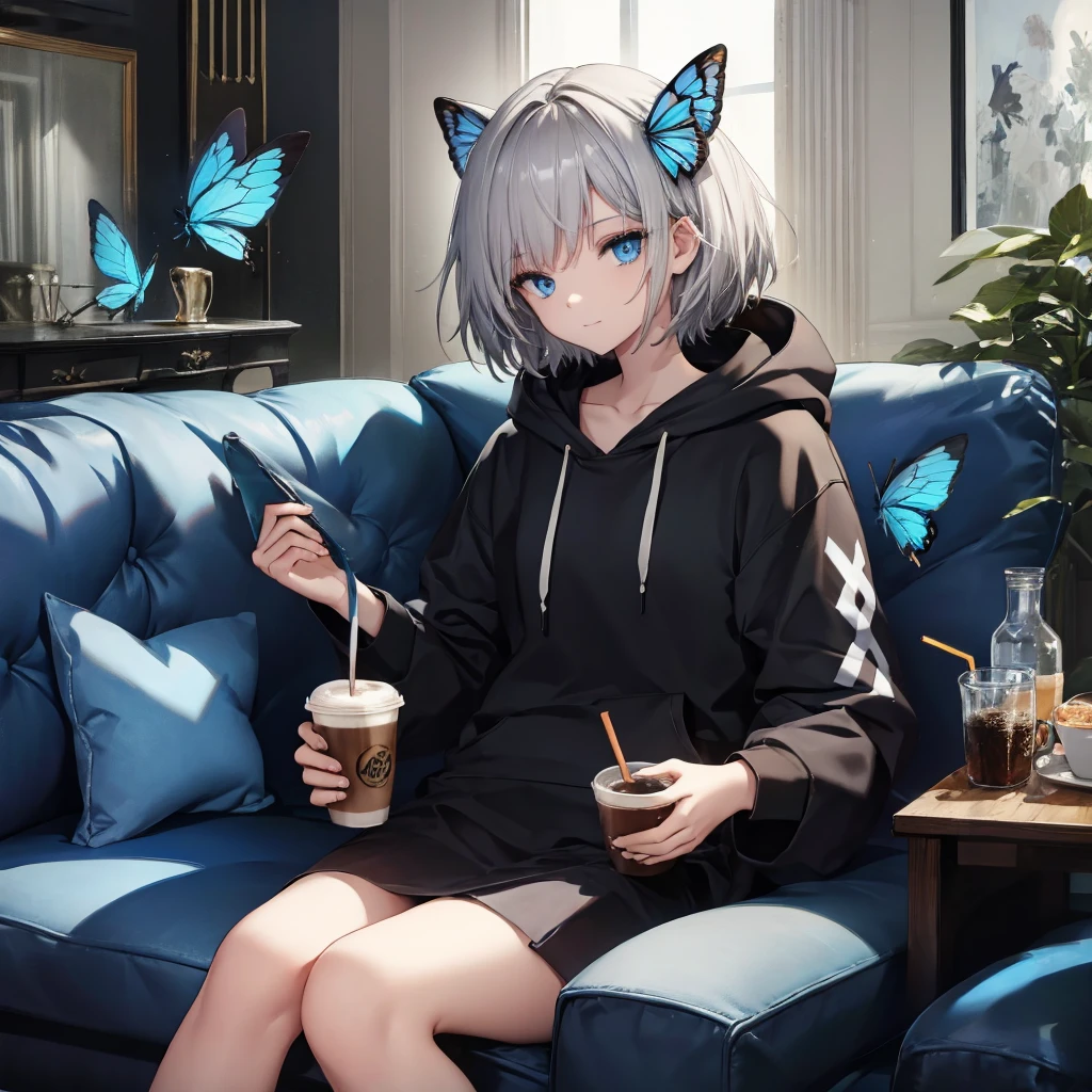 (((1 person　Gray Hair　Sit on the sofa　blue eyes)))　((High resolution　short hair　hoodie　Black Skirt　Rin々Funny face))　((Close-up))　((Blue Butterfly　Asahi　Shining Aura　Catch the wind　Holding a cup　Drink coffee))　(smile　Bathed in light)　Shining Background　Shining Edge