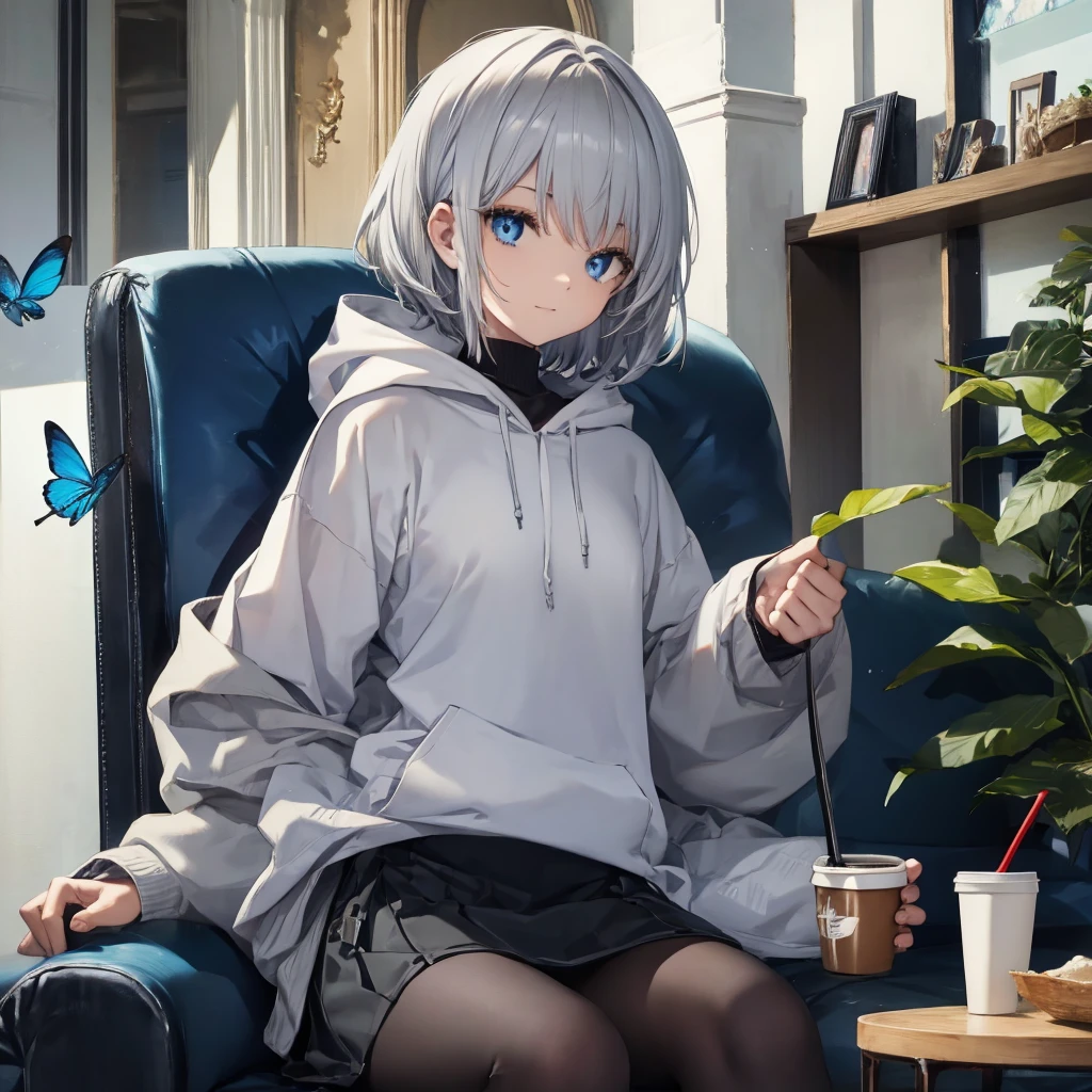 (((1 person Gray Hair Sit on the sofa blue eyes))) ((High resolution short hair hoodie Black Skirt Rin々Funny face)) ((Close-up)) ((Blue Butterfly Asahi Shining Aura Catch the wind Holding a cup Drink coffee)) (smile Bathed in light) Shining Background Shining Edge