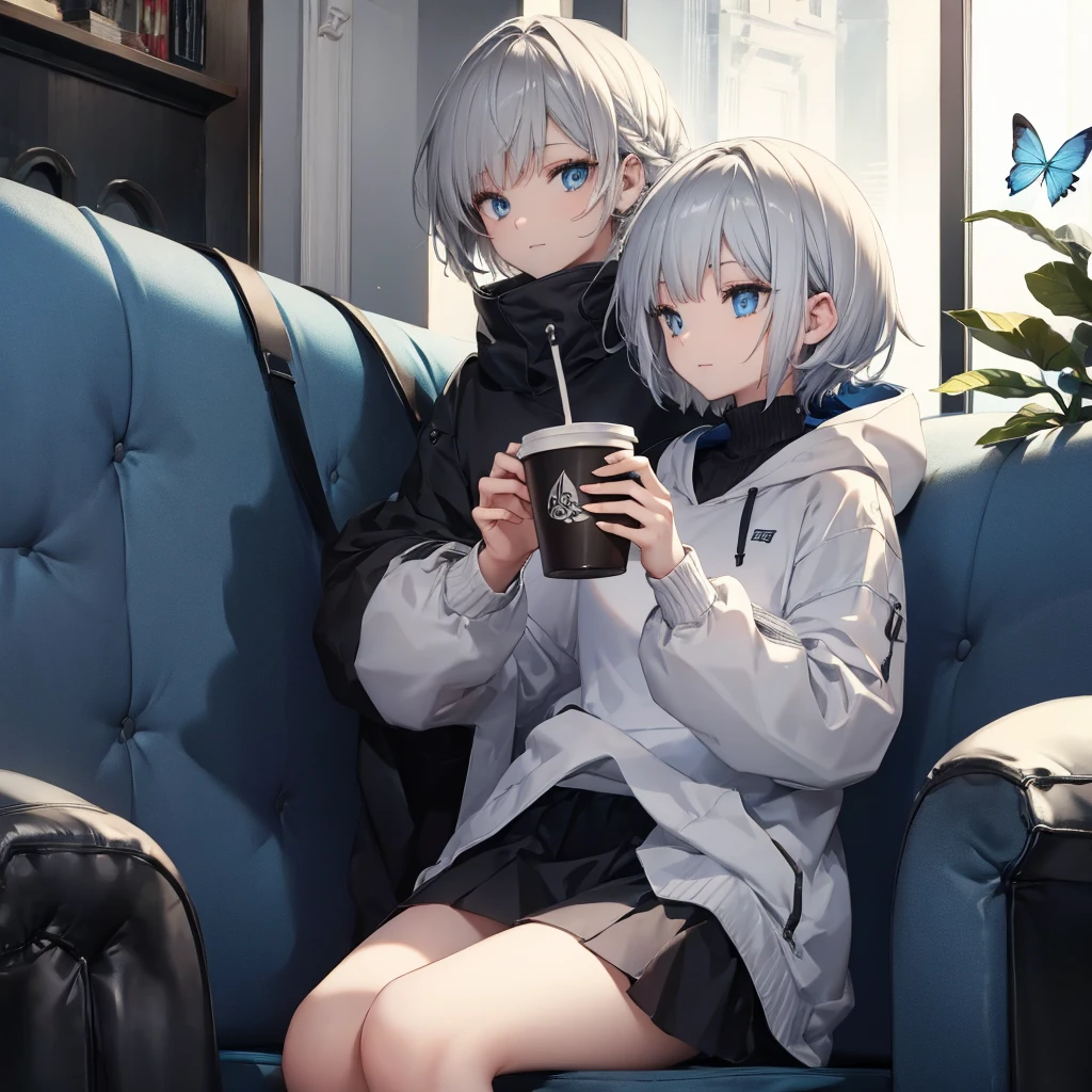 (((1 person　Gray Hair　Sit on the sofa　blue eyes)))　((High resolution　short hair　hoodie　Black Skirt　Rin々Funny face))　((Close-up))　((Blue Butterfly　Asahi　Shining Aura　Catch the wind　Holding a cup　Drink coffee))　(smile　Bathed in light)　Shining Background　Shining Edge