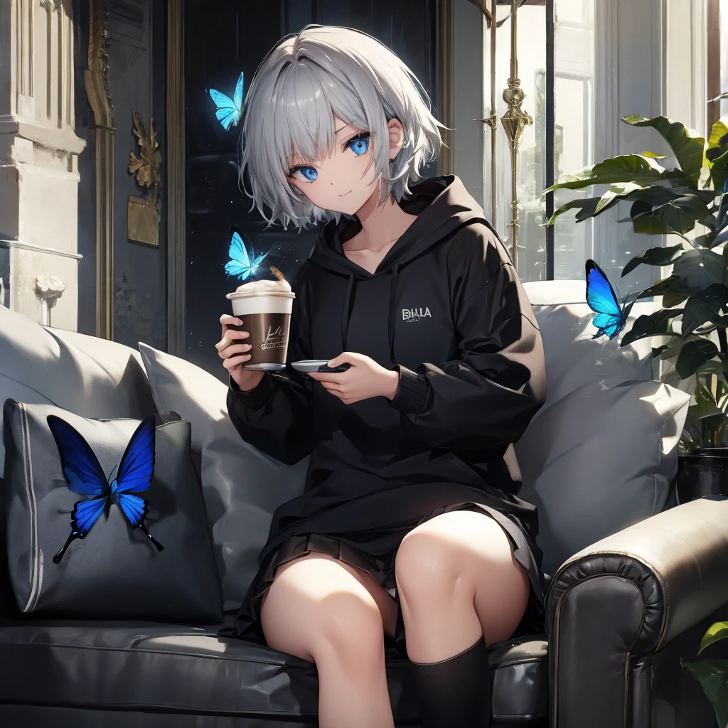 (((1 person　Gray Hair　Sit on the sofa　blue eyes)))　((High resolution　short hair　hoodie　Black Skirt　Rin々Funny face))　((Close-up))　((Blue Butterfly　Asahi　Shining Aura　Catch the wind　Holding a cup　Drink coffee))　(smile　Bathed in light)　Shining Background　Shining Edge