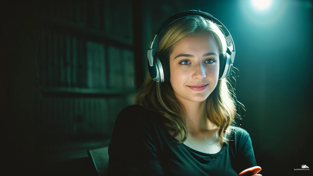 Beautiful blonde with big breasts in a black T-shirt (Sitting in tears in the dark ruins),Wearing headphones,Very detailed, 21 years old, Innocent face, Naturally Wavy Hair, blue eyes, High resolution, masterpiece, Highest quality, Intricate details, Very detailed, Clear focus, Delicate skin, practical skin texture, texture, Delicate eyes, Professional, 4K, Cute Smile, Shot with Canon, 85mm, Shallow and deep,  Kodak Vision Color, Exactly, Very detailed, photograph_\(Extremist\), photographpractical, practical, Post-processing, Maximum details, Roughness, Real Life, Extremist practical, Photorealism, photographgraphy, 8K Ultra HD, photographgraphy