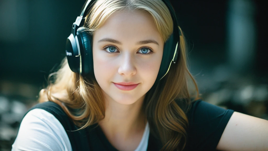 Beautiful blonde with big breasts in a black T-shirt (Sitting in tears in the dark ruins),Wearing headphones,Very detailed, 21 years old, Innocent face, Naturally Wavy Hair, blue eyes, High resolution, masterpiece, Highest quality, Intricate details, Very detailed, Clear focus, Delicate skin, practical skin texture, texture, Delicate eyes, Professional, 4K, Cute Smile, Shot with Canon, 85mm, Shallow and deep, Kodak Vision Color, Exactly, Very detailed, photograph_\(Extremist\), photographpractical, practical, Post-processing, Maximum details, Roughness, Real Life, Extremist practical, Photorealism, photographgraphy, 8K Ultra HD, photographgraphy