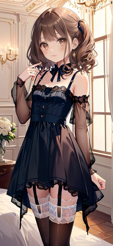 ((masterpiece)), ((best quality)), ((ultra detailed)), ((kawaii)), cute, (lovely), ((extremely detailed)), ((8K)), (beautiful), full body, luxury room, a cute girl, 1girl, solo, blue mini camisole dress,beautiful light brown hair, ((detailed beautiful brown eyes)), white-skinned, flat breast, tiny breast, garter belt,(garter stockings:1.4),pink eyeshadow