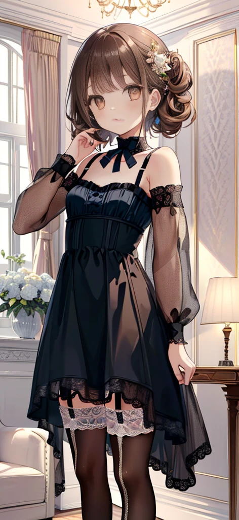((masterpiece)), ((best quality)), ((ultra detailed)), ((kawaii)), cute, (lovely), ((extremely detailed)), ((8K)), (beautiful), full body, luxury room, a cute girl, 1girl, solo, blue mini camisole dress,beautiful light brown hair, ((detailed beautiful brown eyes)), white-skinned, flat breast, tiny breast, garter belt,(garter stockings:1.4),pink eyeshadow
