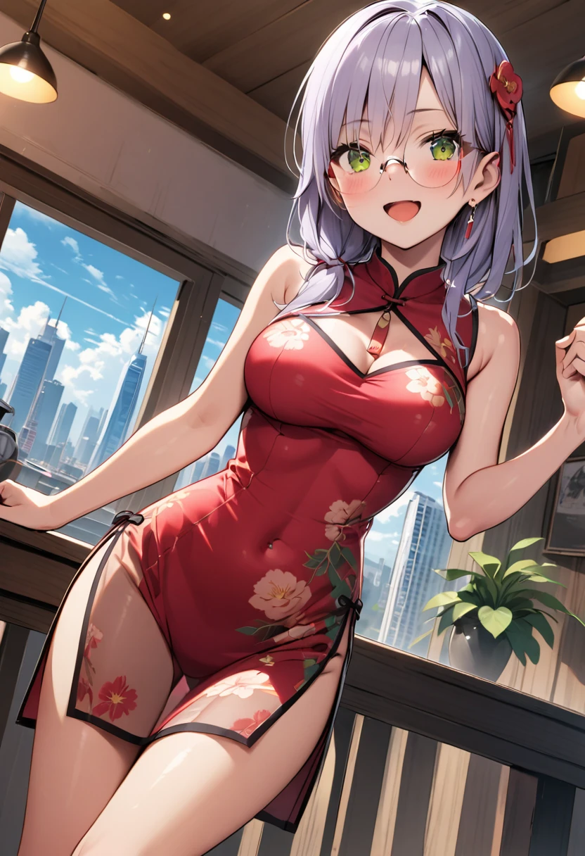 woman, 20-year-old,city, (((See-through cheongsam))),open mouth smile,blush ,glasses