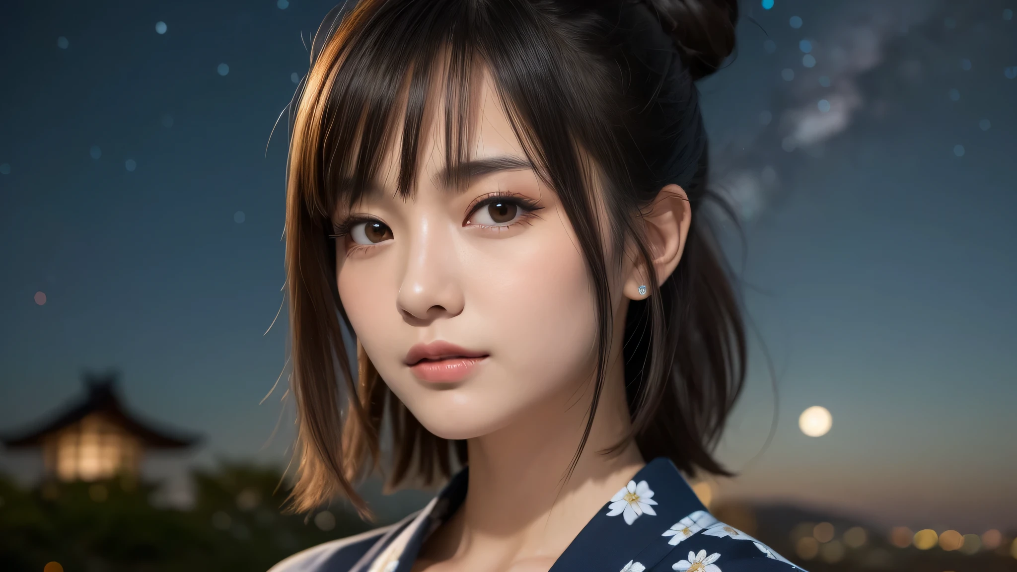 (1women), bun hair, (round eyes:1.2), (highly detailed face), (extremely detailed beautiful face), (floral pattern yukata), (Best Quality:1.4), (Ultra-detailed), extremely detailed CG unified 8k wallpaper, Realistic portrait, Beautiful detailed, High-definition raw color photos, professional photography, night sky, tanzaku, (Japan's Tanabata, Tanabata night), tanzaku, beautiful milky way, (fine face:1.2), focus on women