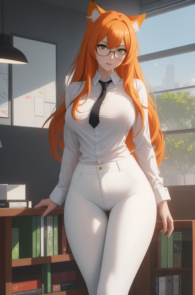 (masterpiece, Best quality), 8K, ultra detailed, realistic photo, Detailed face, perfect lighting, green eyes, bright orange hair, bright hair, fox ears, nice legs, side photo, beautiful, Cute, skin pores, 1 girl, perfect shirt, fully dressed, beautiful women 30 years old, Beautiful proportions, Russian woman, Caucasian, European, Business lady, stunningly beautiful woman, mother, thick legs, show ass, big breasts, (Thin white shirt:1.4), thick, hot, (White Office Wear:1.4), tight pants, (wide hips:1.2), thick, (white Office pants:1.3), spread your legs, Legs open, full length, wide hips, Glasses, with long orange hair, standing on the beach near the ocean, green eyes detailed digital anime art, cat ear, anime girl with long hair, гладкое аниме cg art, anime girl with long hair, digital anime art, work in Guweiz style, Beautiful anime portrait, Photorealistic render of an anime girl, pantyhose, Beautiful anime girl, advanced digital anime art, guweiz на artstation pixiv HD UHD HQ