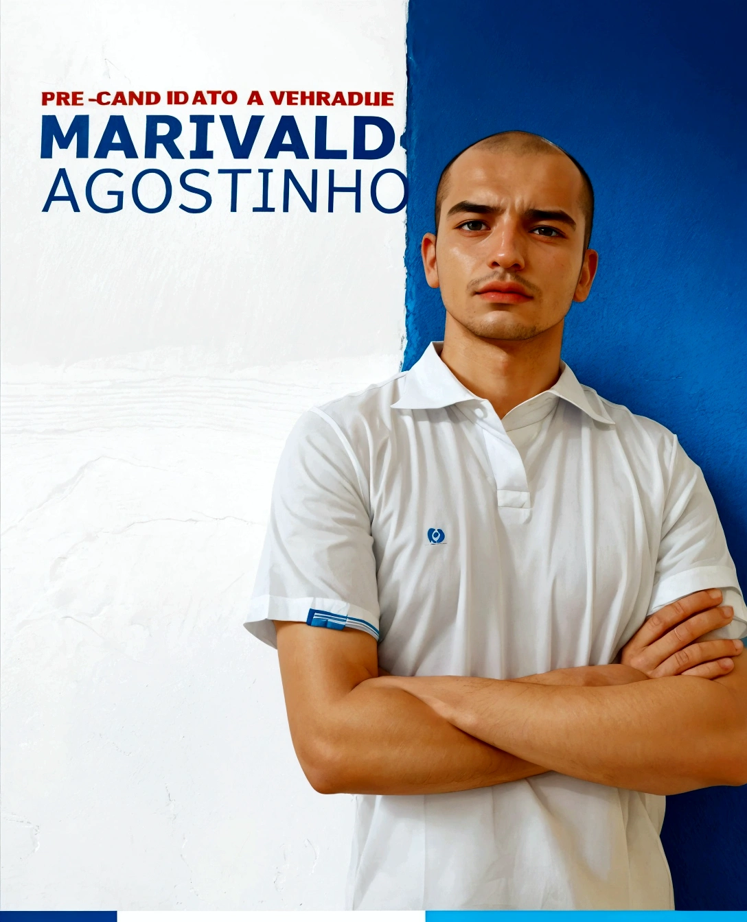 Man in a white shirt standing with his arms crossed in front of a blue wall, by Giorgio Cavallon, by Nadir Afonso, by João Artur da Silva, michael maurino, caio santos, vitor maristane, by Bernardo Cavallino, by Fernando Gerassi, esteban maroto, by Teresa Fasolino