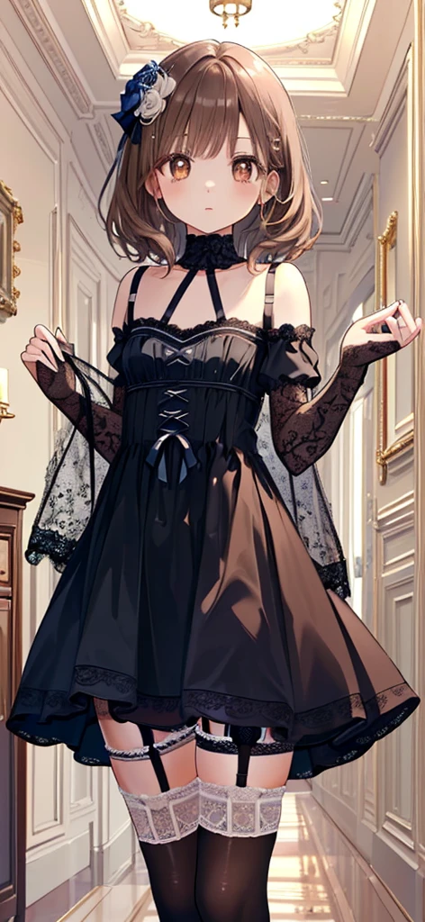 ((masterpiece)), ((best quality)), ((ultra detailed)), ((kawaii)), cute, (lovely), ((extremely detailed)), ((8K)), (beautiful), full body, luxury room, a cute girl, 1girl, solo, blue mini camisole dress,beautiful light brown hair, ((detailed beautiful brown eyes)), white-skinned, flat breast, tiny breast, garter belt,(garter stockings:1.4),pink eyeshadow