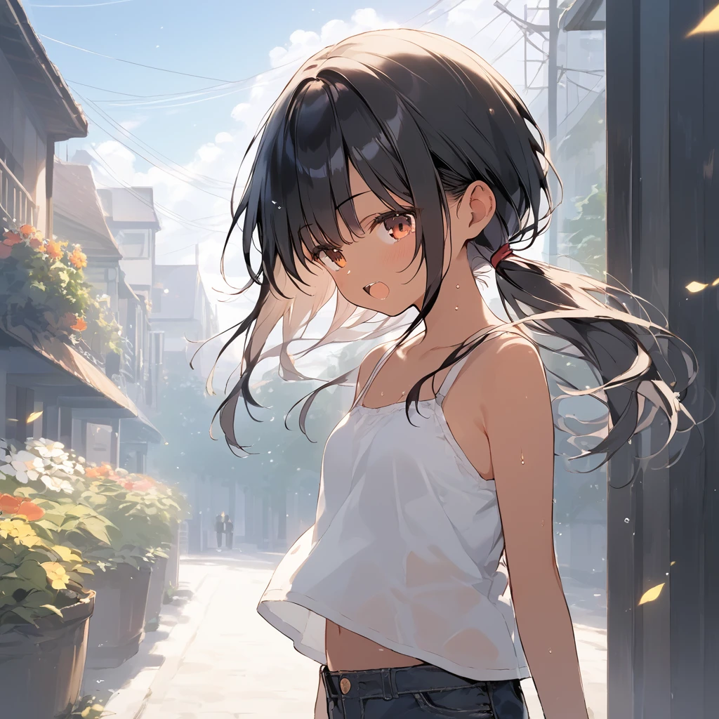 score_9, score_8_up, score_7_up, source_anime, best quality, masterpiece, official art, absurdres, highres, ultra-detailed,waifu2x,Collection: Slice of Life,break,1girl, tomboy, dark-skinned female, short hair, low ponytail, small breasts,  beautiful detailed eyes, short shorts, sweat, open mouth, (yawn:0.3), sleepily, outdoors, wind, break,(clear line illustration:1.2),very high resolution, very aesthetic, super detailed skin, Best sexual lighting powered by famous artist, 8k,cute picture,beauty illustration,photoshop_(medium),,(Detailed Lighting),best anime 8k konachan wallpaper, pixiv contest winner, 