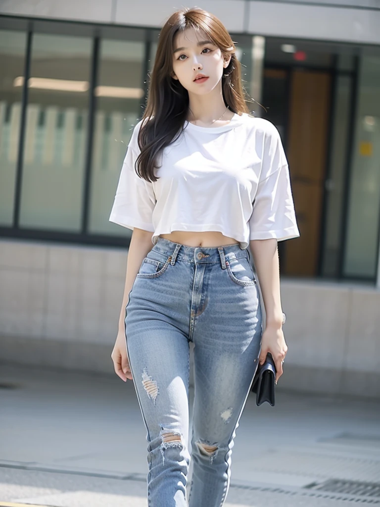 ((best quality)), ((masterpiece)), (detailed), 1 woman, jeans, white tee, Denim, skinny, korean, Korean idols, thick thighs, knee, tight pants, standing, wide pelvis, thigh_gap, groin, big bust, Nicebody