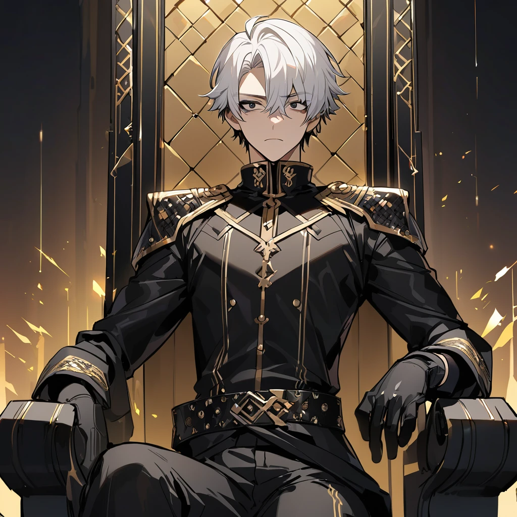 High quality, hd, 4k, handsome, 1male, , stoic, white hair, short hair, black eyes, sharp eyes, black leather clothing, black pants, black gloves, golden lines, sitting on a throne, black throne, dark background, gold background