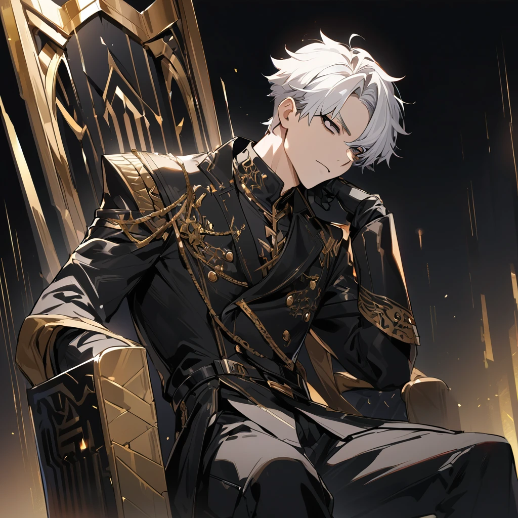 High quality, hd, 4k, handsome, 1male, 17 years old, stoic, white hair, short hair, black eyes, sharp eyes, black leather clothing, black pants, black gloves, golden lines, sitting on a throne, black throne, dark background, gold background