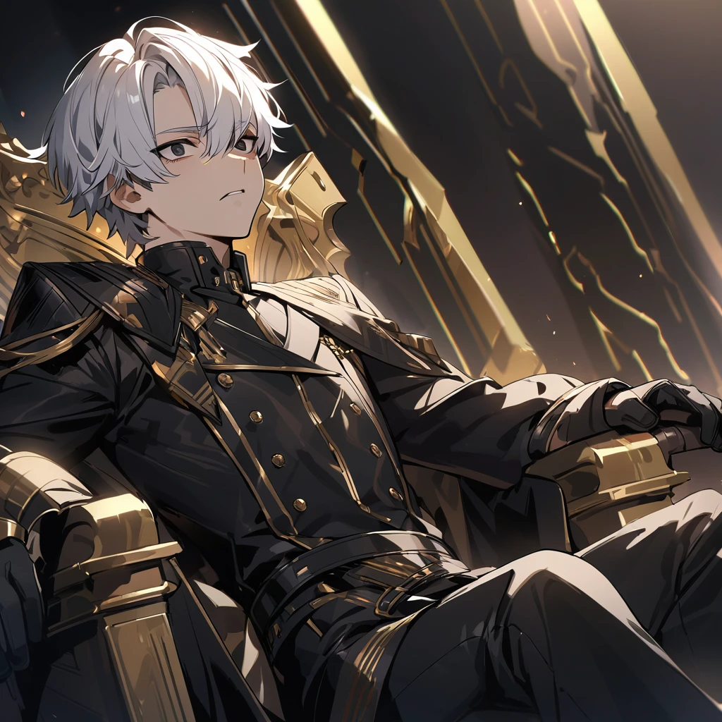 High quality, hd, 4k, handsome, 1male, 17 years old, stoic, white hair, short hair, black eyes, sharp eyes, black leather clothing, black pants, black gloves, golden lines, sitting on a throne, black throne, dark background, gold background
