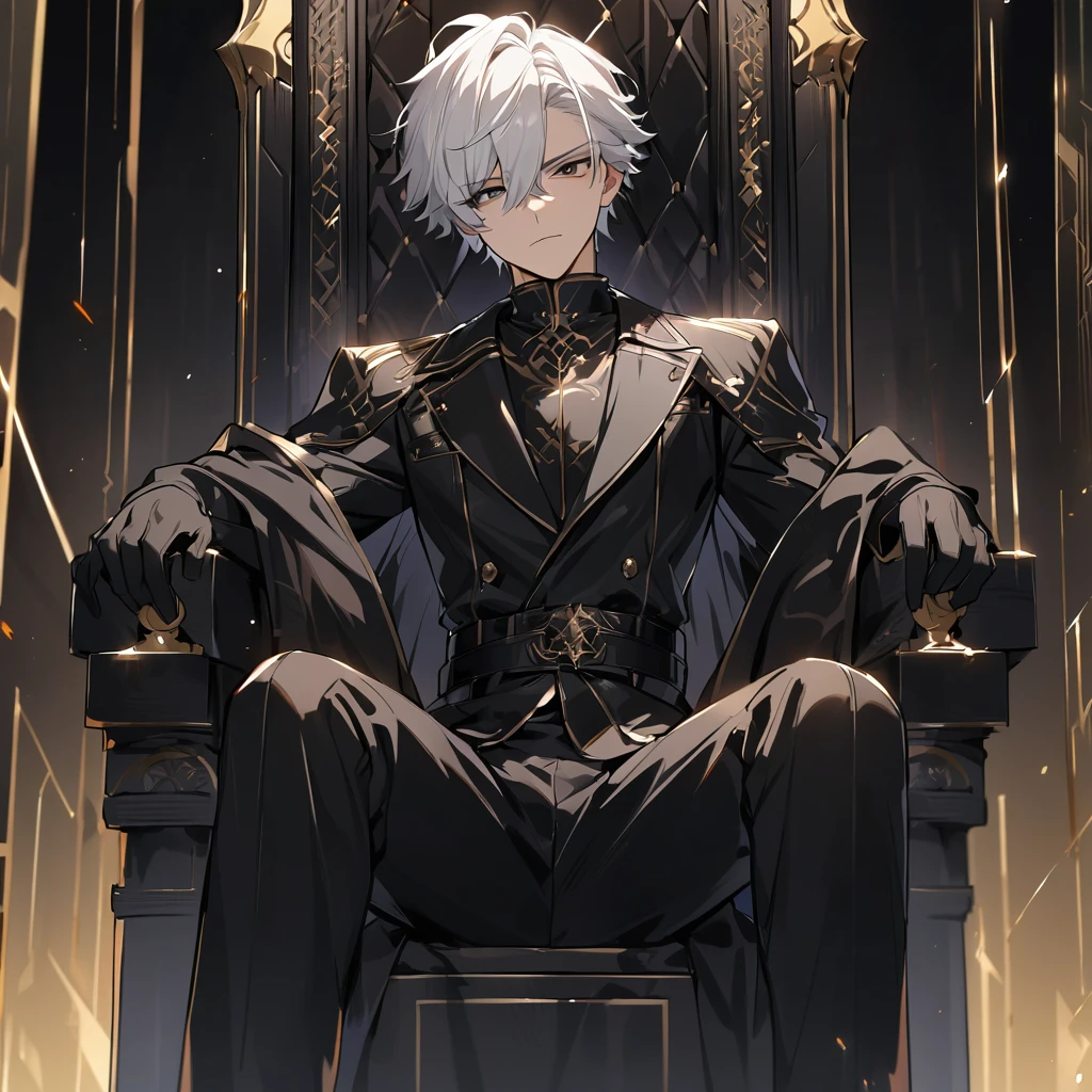High quality, hd, 4k, handsome, 1male, 17 years old, stoic, white hair, short hair, black eyes, sharp eyes, black leather clothing, black pants, black gloves, golden lines, sitting on a throne, black throne, dark background, gold background