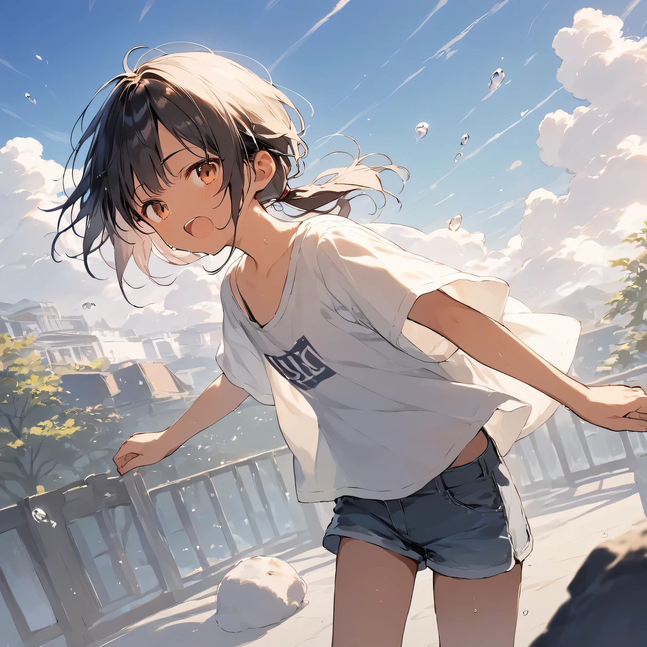 score_9, score_8_up, score_7_up, source_anime, best quality, masterpiece, official art, absurdres, highres, ultra-detailed,waifu2x,Collection: Slice of Life,break,1girl, tomboy, dark-skinned female, short hair, low ponytail, flat chest,  beautiful detailed eyes, short shorts, sweat, open mouth, (yawn:0.3), sleepily, outdoors, wind, break,(clear line illustration:1.2),very high resolution, very aesthetic, super detailed skin, Best sexual lighting powered by famous artist, 8k,cute picture,beauty illustration,photoshop_(medium),,(Detailed Lighting),best anime 8k konachan wallpaper, pixiv contest winner, 