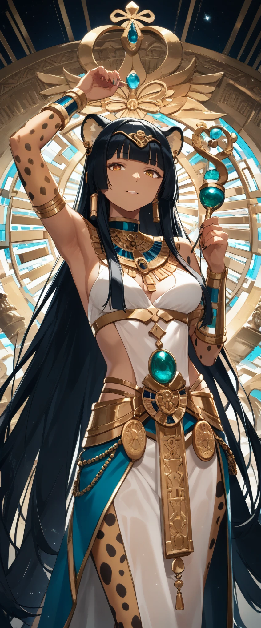 score_9, score_8_up, score_7_up, score_6_up, score_5_up, score_4_up,source_anime, source_furry,rating_safe,Egyptian goddess\(female, Safkhet, Sesat, Seshet, Sesheta, Seshata, Uraeus with flower and star in diadem, (wearing cheetah skin:1.2), holding brush and ink-dish,twinkling star above head\), background\(Egyptian temple\),dynamic angle, BREAK ,quality\(8k,wallpaper of extremely detailed CG unit, ​masterpiece,hight resolution,top-quality,top-quality real texture skin,hyper realisitic,increase the resolution,RAW photos,best qualtiy,highly detailed,the wallpaper,cinematic lighting,ray trace,golden ratio\)