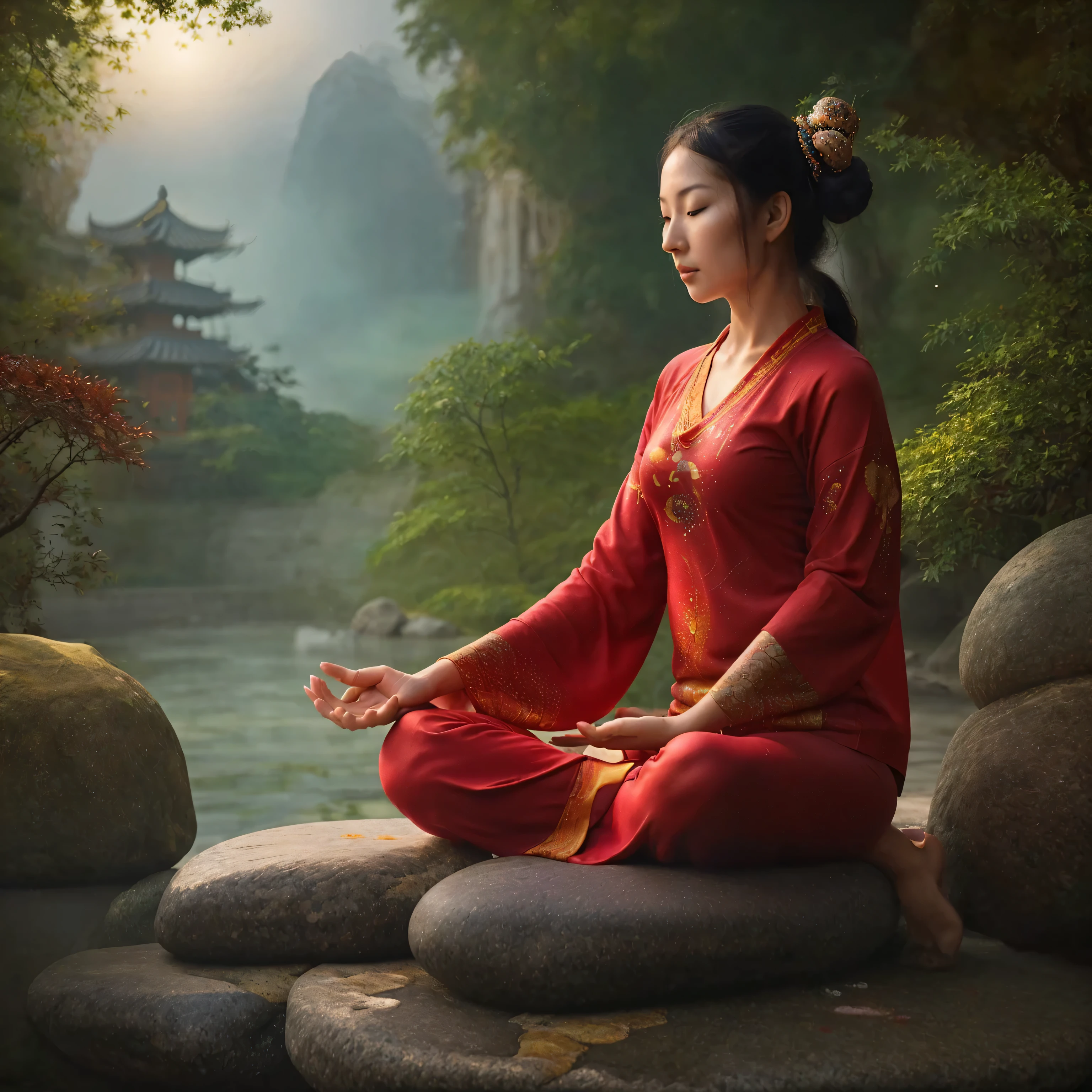 a chinese and beautiful women,Wear yoga clothes,Sit on a stone and meditate, In the center,Cosmic Energy,Particle Light,Vibrant colors,Art bud,,Vision, Mysterious mechanism, The Queen's Seat