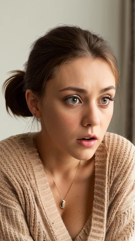 Portrait of an shocked middle-aged Russian woman, 18 years old, cute face, Slim, Tortitz, (big sagging:1.1), huge nipples, wear (Sexy sweater:1.2),, Bokeh background, Simple background, (highly refined skin:1.0), (masterpiece:1.2) (lifelike:1.2) (Bokeh) (best quality) (intricate details) (8K) (high dynamic range) (analog film) (canon d5) (movie lighting) (sharp focus),tie a ponytail，cleavage, Lying in bed