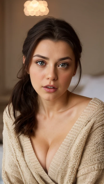 Portrait of an shocked middle-aged Russian woman, 18 years old, cute face, Slim, Tortitz, (big sagging:1.1), huge nipples, wear (Sexy sweater:1.2),, Bokeh background, Simple background, (highly refined skin:1.0), (masterpiece:1.2) (lifelike:1.2) (Bokeh) (best quality) (intricate details) (8K) (high dynamic range) (analog film) (canon d5) (movie lighting) (sharp focus),tie a ponytail,cleavage, Lying in bed