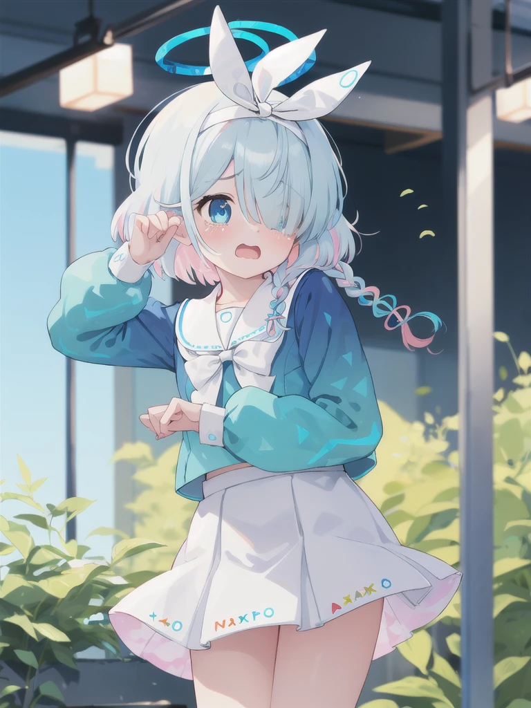 masterpiece,Highest quality,1 Girl,Halo,Cry with your eyes open,Open your mouth,青い小さいHalo,blue eyes,Braid,Multicolored Hair,Blue school shirt,Long sleeves,White Skirt,