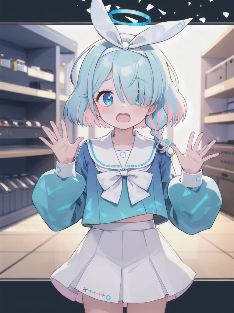 masterpiece,Highest quality,1 Girl,Halo,Cry with your eyes open,Open your mouth,青い小さいHalo,blue eyes,Braid,Multicolored Hair,Blue school shirt,Long sleeves,White Skirt,
