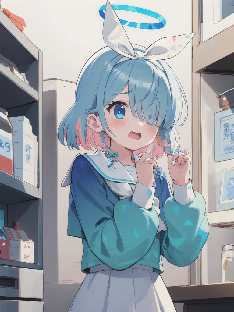 masterpiece,Highest quality,1 Girl,Halo,Cry with your eyes open,Open your mouth,青い小さいHalo,blue eyes,Braid,Multicolored Hair,Blue school shirt,Long sleeves,White Skirt,