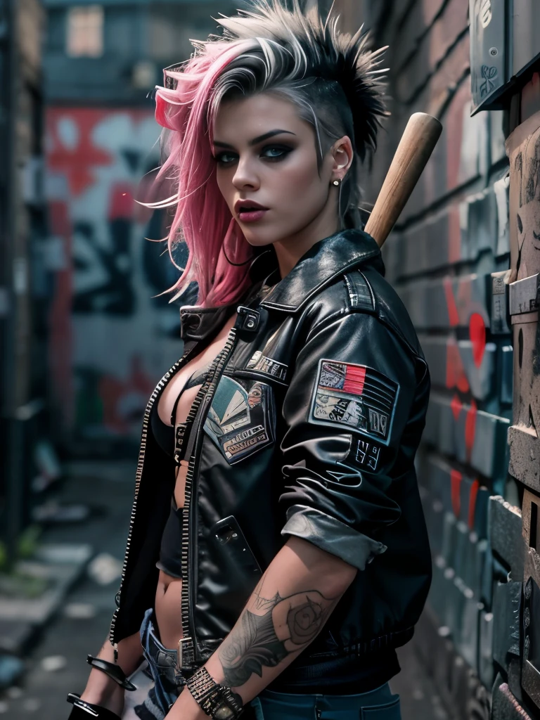 realistic, highly detailed, one ultra hot gorgeous European punk girl. Age 23. with baseball bat, standing in a dark alley, grungy urban environment, moody lighting, dramatic shadows, intense expression, spiked hair, ripped clothing, combat boots, graffiti-covered walls, cinematic composition, photorealistic, 8K, masterpiece