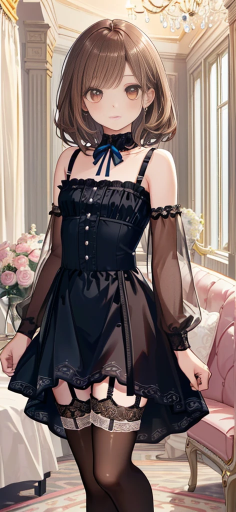 ((masterpiece)), ((best quality)), ((ultra detailed)), ((kawaii)), cute, (lovely), ((extremely detailed)), ((8K)), (beautiful), full body, luxury room, a cute girl, 1girl, solo, blue mini camisole dress,beautiful light brown hair, ((detailed beautiful brown eyes)), white-skinned, flat breast, tiny breast, garter belt,(garter stockings:1.4),pink eyeshadow