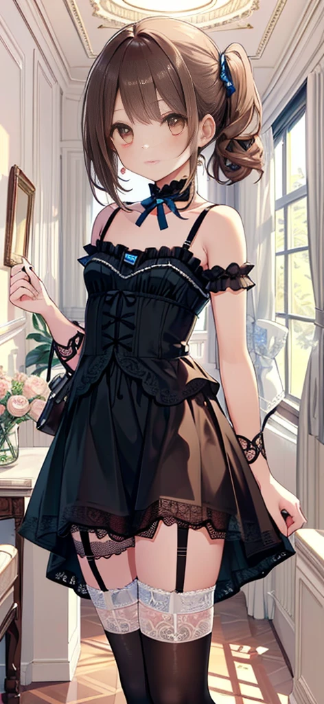 ((masterpiece)), ((best quality)), ((ultra detailed)), ((kawaii)), cute, (lovely), ((extremely detailed)), ((8K)), (beautiful), full body, luxury room, a cute girl, 1girl, solo, blue mini camisole dress,beautiful light brown hair, ((detailed beautiful brown eyes)), white-skinned, flat breast, tiny breast, garter belt,(garter stockings:1.4),pink eyeshadow