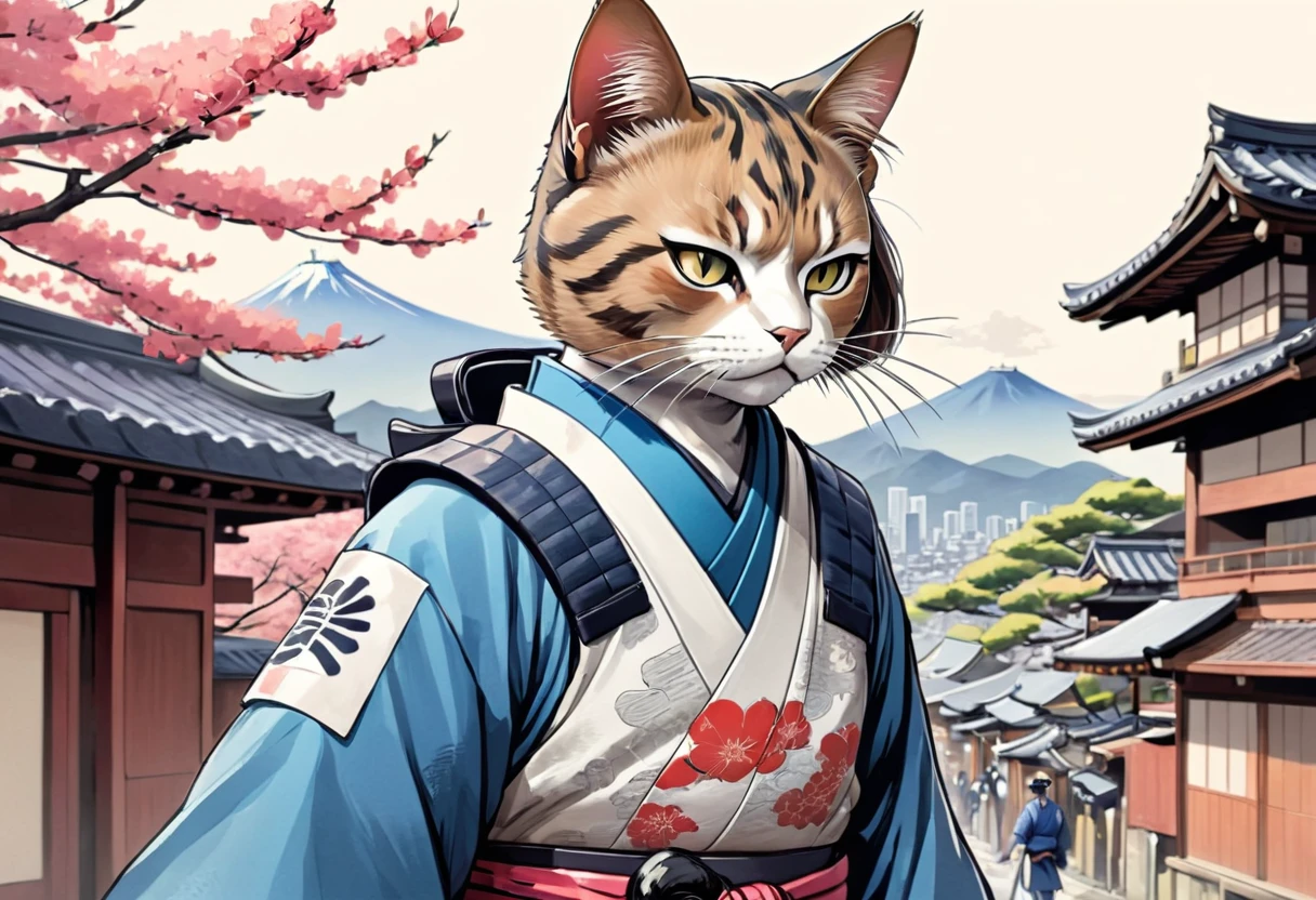 arte em tinta fina, comic style, portrait of japan, samurai cat, samurai cat looking for the right, Glamour de Osaka, bela arte de linha, comic style, manga style, manga art style, pencil and ink caricature drawing, coloring, , other positions, corpo inteiro. Japan Background, cat ninja, desenho colorido. Old japan sity in background