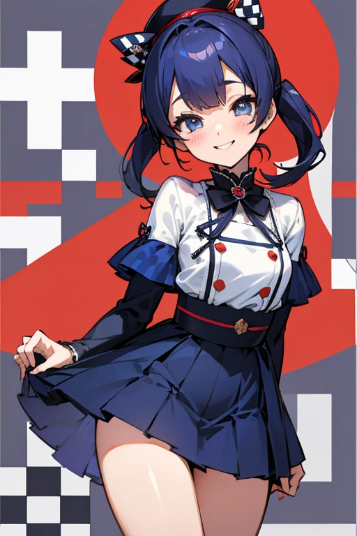 MS. cute、Taisho、Checkerboard Pattern、Beautiful Eyes、Embarrassing、Navy Blue and Red、A special smile、mini skirt、Mid-chest、background、日本のTaisho浪漫、