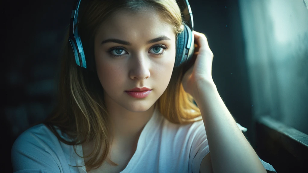 Beautiful blonde with big breasts in a black T-shirt (Sitting in tears in the dark ruins),Wearing headphones,Very detailed, 21 years old, Innocent face, Naturally Wavy Hair, blue eyes, High resolution, masterpiece, Highest quality, Intricate details, Very detailed, Clear focus, Delicate skin, practical skin texture, texture, Delicate eyes, Professional, 4K, Sad crying face, Shot with Canon, 85mm, Shallow and deep,  Kodak Vision Color, Exactly, Very detailed, photograph_\(Extremist\), photographpractical, practical, Post-processing, Maximum details, Roughness, Real Life, Extremist practical, Photorealism, photographgraphy, 8K Ultra HD, photographgraphy