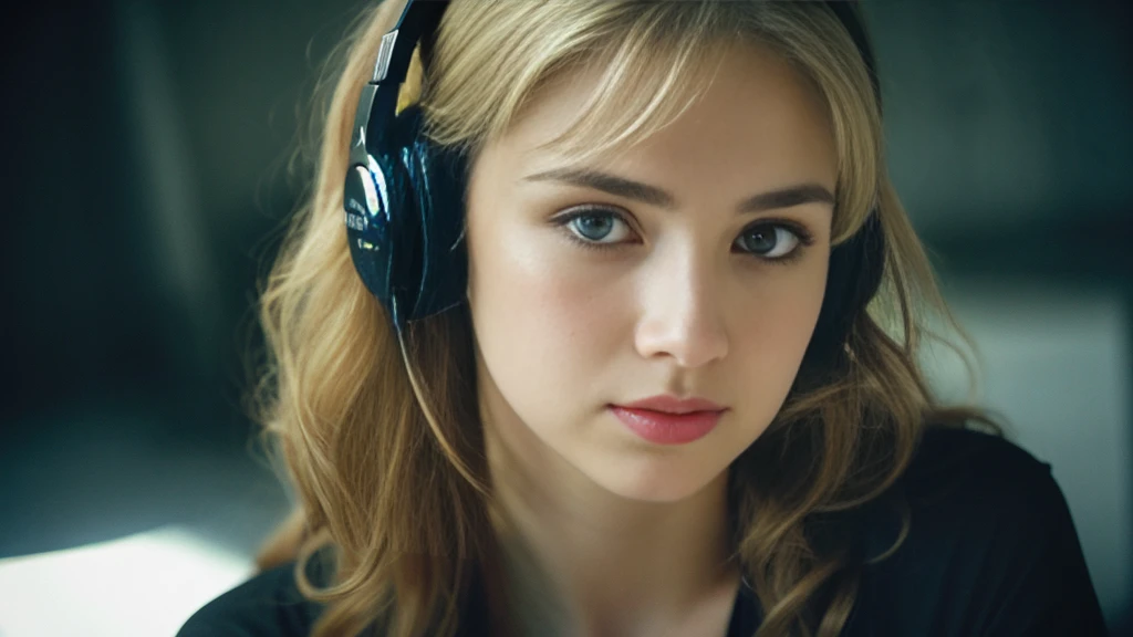 Beautiful blonde with big breasts in a black T-shirt (Sitting in tears in the dark ruins),Wearing headphones,Very detailed, 21 years old, Innocent face, Naturally Wavy Hair, blue eyes, High resolution, masterpiece, Highest quality, Intricate details, Very detailed, Clear focus, Delicate skin, practical skin texture, texture, Delicate eyes, Professional, 4K, Sad crying face, Shot with Canon, 85mm, Shallow and deep, Kodak Vision Color, Exactly, Very detailed, photograph_\(Extremist\), photographpractical, practical, Post-processing, Maximum details, Roughness, Real Life, Extremist practical, Photorealism, photographgraphy, 8K Ultra HD, photographgraphy