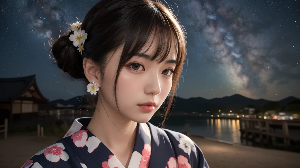 (1women), bun hair, (round eyes:1.2), (highly detailed face), (extremely detailed beautiful face), (floral pattern yukata), (Best Quality:1.4), (Ultra-detailed), extremely detailed CG unified 8k wallpaper, Realistic portrait, Beautiful detailed, High-definition raw color photos, professional photography, night sky, tanzaku, (Japan's Tanabata, Tanabata night), tanzaku, beautiful milky way, (fine face:1.2), focus on women