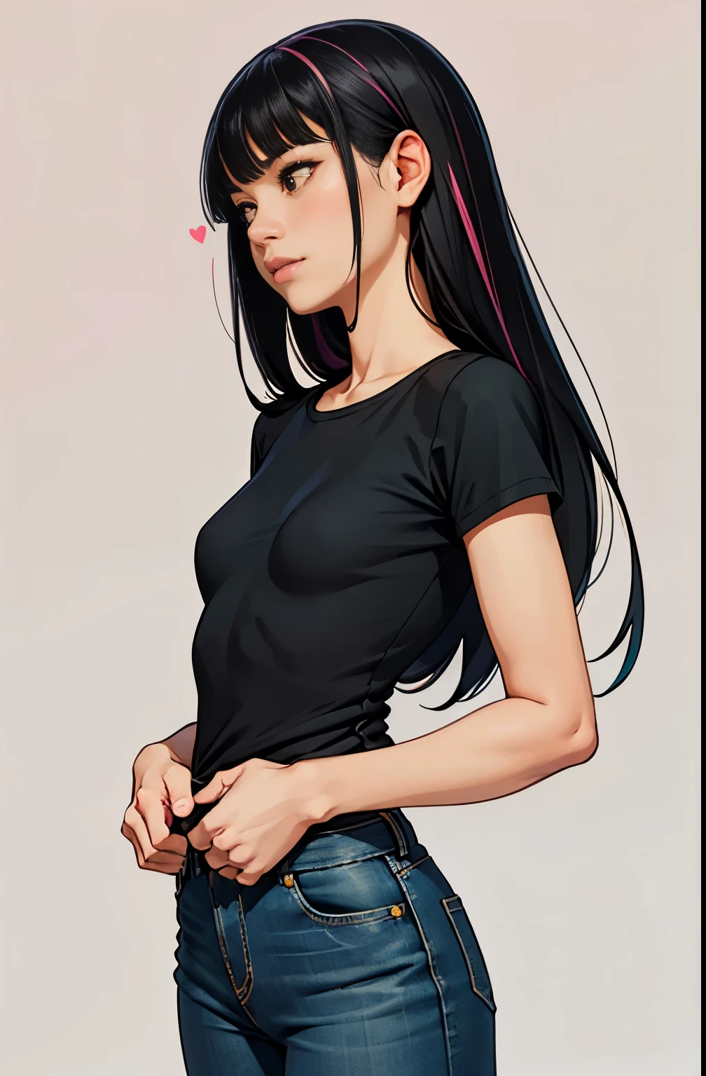 girl, portrait, small breasts, slim, long black hair with pink streak, bangs, Junipher Lee, soft or colored lips, Asian, short green shirt, loose jeans, simple background, Flat colors, perfect hands, perfect ,

