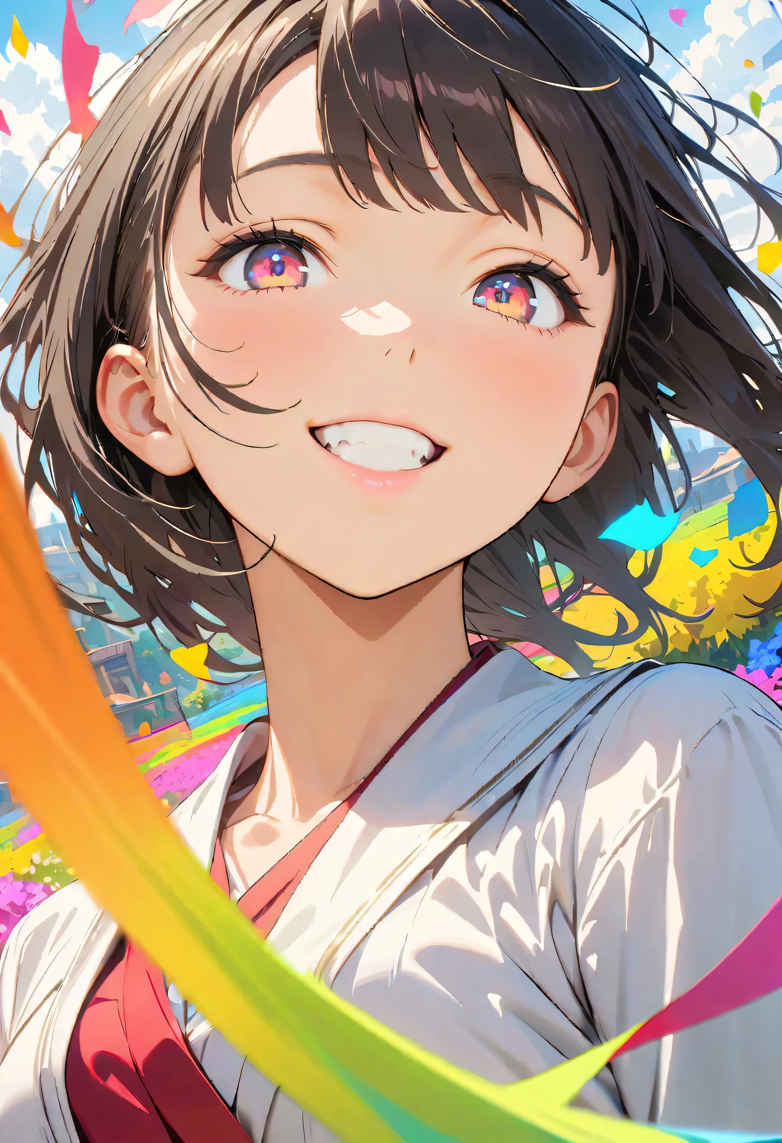 (masterpiece, Highest quality, Official Art:1.2), (colorful), Looking at the audience, One Girl, alone, White Background, floating colorful water, Ultra-fine illustrations, highly detailed, Dynamic Angle, beautiful detailed, 8K, break smiling amidst the colorful scenes, (Highest quality, masterpiece, High resolution, detailed), Anime Style, (Shining Eyes, detailed美しい顔), break,Dynamic Angle
