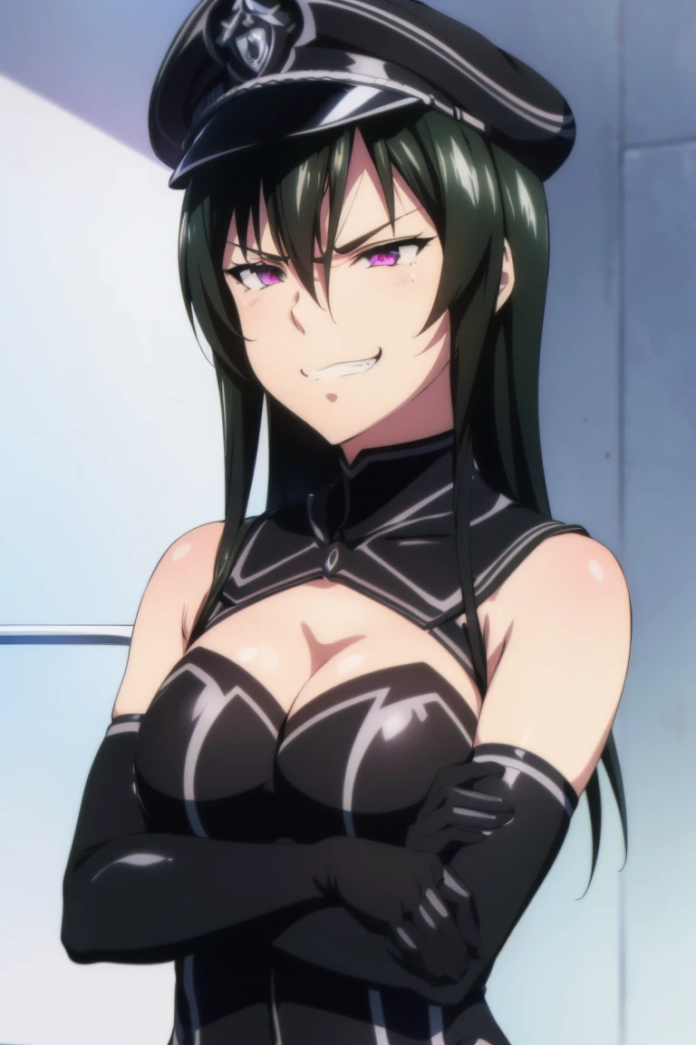 teenage girl, 16 years old, (((grinning lasciviously))),  anime girl, (((nefarious smirk))), [[[[grinning evily]]]], beautiful, masterpiece, ultra detailed, extremely detailed, ultra high res, 8k, beautiful detailed face, anime screencap, heart shaped face woman, (black hair:1.2), long hair, hair between eyes, large breasts, fearless face, sharp face, slant eyes, cat eyes, 170cm tall, adult, perfect proportion, (((black high-leg leotard))), (((dare shoulder))), cleavage, (((thigh boots))), choker, (((military cap))), anime style, ultra detailed beautiful face and eyes, front view, raw phot, incredibly absurdres, Beautiful portrait of cute anime girls, super fine illustration, full-hd, hdr, best aesthetic, distinct, exquisite, masterwork, by famous artist, highers, (((perfect ))), mocking, ((( face))), (((evil grin))), intense eyes, sadistic, gleaming skin, oil skin, slut face, full-face blush, smirking, mischievous grin, furrowed mouth, both legs, pouty lips, downturned corners, rosy hue, grin widely, cheeky smirk, (((bad-tempered glare))), gloating, crazy smile, scary face, cruel smile, fang, connected teeth,, (((elbow gloves))), (((big connected teeth)), glare, grimace, smirk, (((scowling face))), smile broadly, symmetrical eyes, even eyes, perfect eyes, (((squinting eyes))), deep detailed eyes, shiny clothes, 1girl, solo, smug, smile grimly, (((dimpled smile))), pink eyes, (((upper body shot))), (((laugh))), (((pleasure face))), (((brutality face))), (((scary face))), (((empty eyes))), anime best girl, [[[[grinning evily]]]], anime moe artstyle,