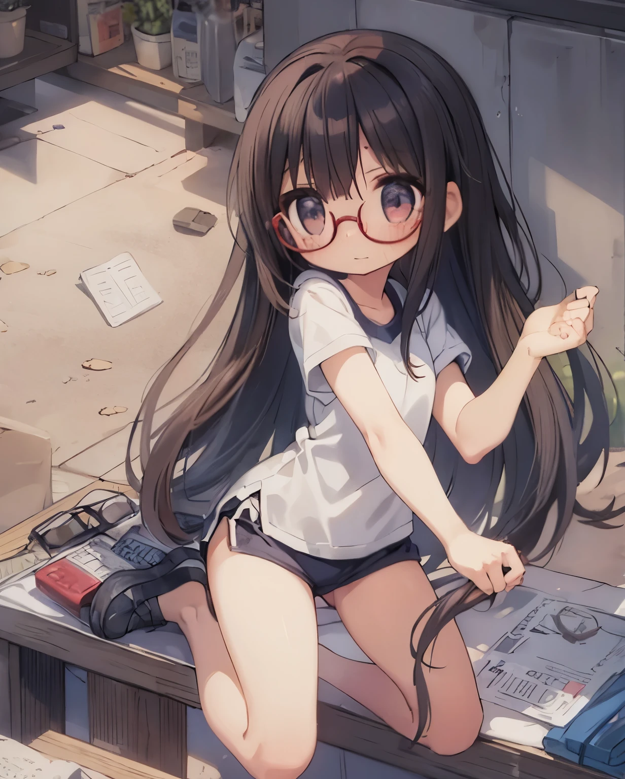 (Big red round glasses:1.3)、(Timid girl、blush、Watery eye:1.2)、Long black hair、White short sleeve shirt、Navy blue shorts、Gym suit、  body、Flat body